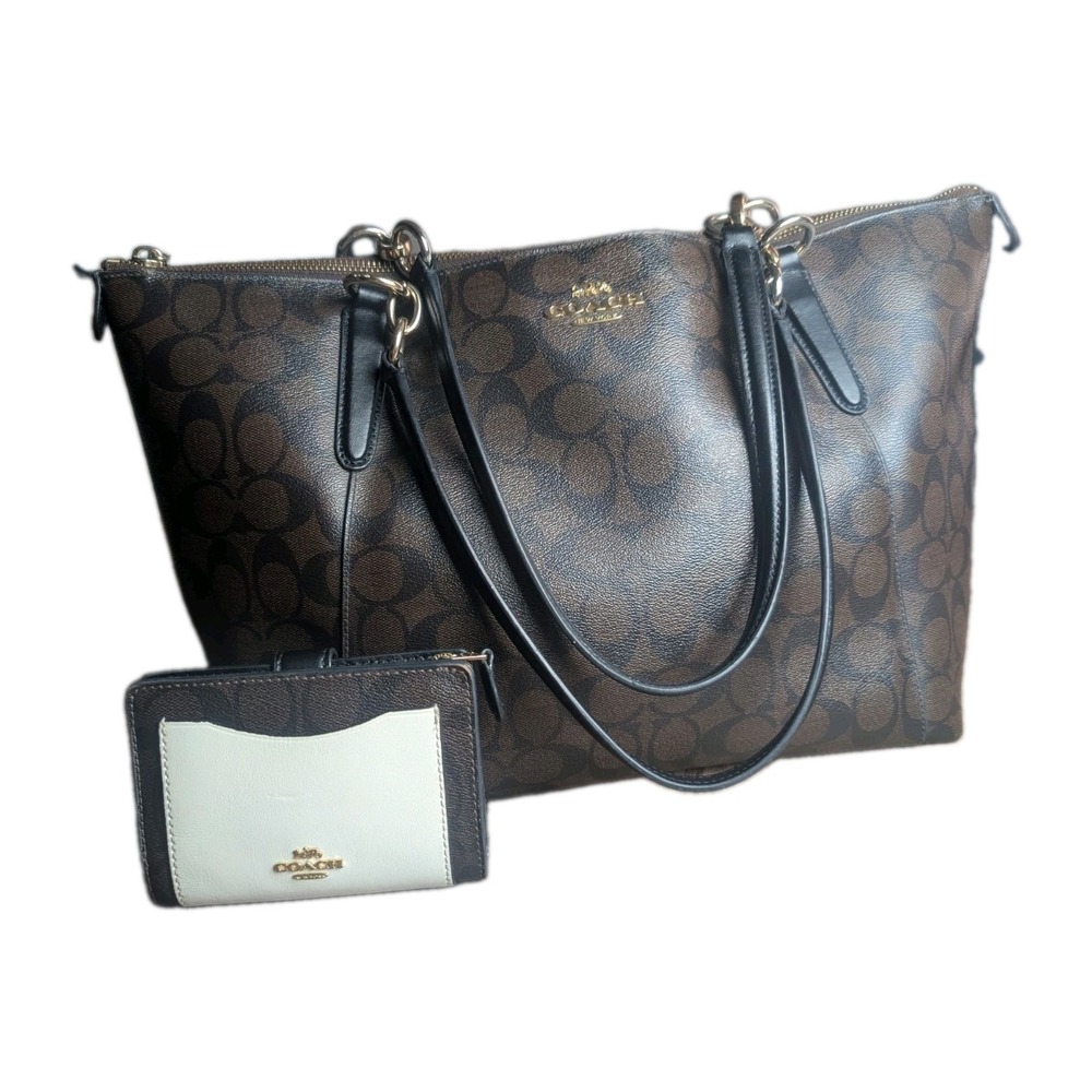 Coach Signature Zip Top Tote Bag Brown Black Canvas Leather Purse/Wallet F58318